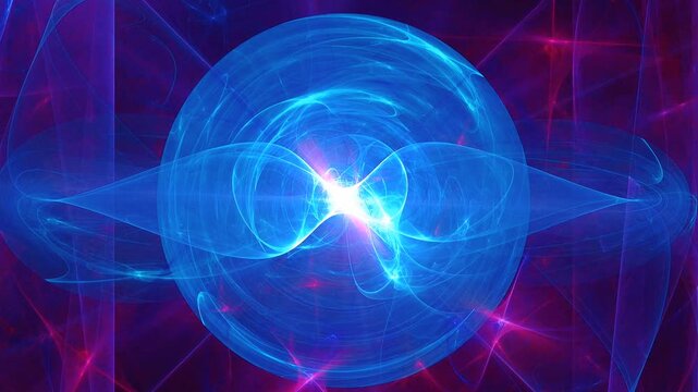 Abstract glowing energy sphere inside deep space plasma fractal loop. Blue and purple neon laser light lines background, quantum physics concept, cosmic burst portal animation for sci-fi.