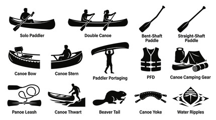 Obraz premium Canoe and Kayak Icons Set - Black and White Vector Illustrations for Paddling