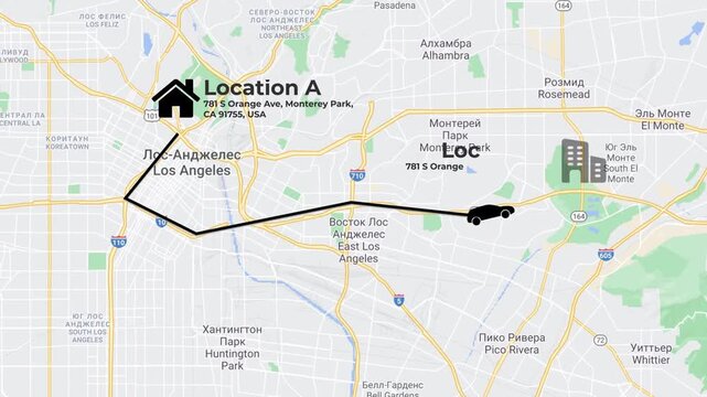GPS Map Animation Showing Route Planning and Navigation from Location A to Location B