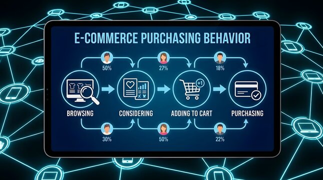 Digital tablet displaying an e-commerce purchasing behavior flowchart, illustrating customer journey stages like browsing, considering, adding to cart, and p...