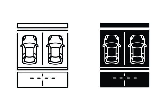 Two cars parked in parallel parking spots, line art and silhouette vector illustration