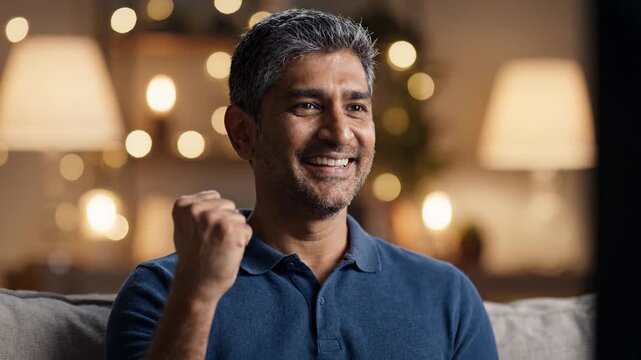 A South Asian man celebrates a victory with a raised fist and wide smile, seated on a sofa indoors with warm bokeh lights glowing softly behind him, radiating joy.