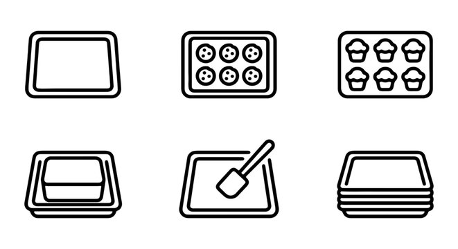 Baking Tray Icons, Cookie Sheet, Muffin Tin, Food Container, Kitchen Utensil, Vector Graphics