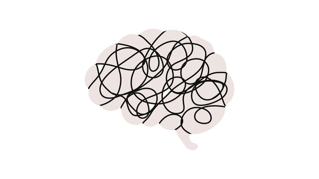 Brain silhouette with tangled messy line. Mental confusion and chaos concept illustration on transparent background. Perfect metaphor for mental confusion, psychological stress, anxiety, overthinking