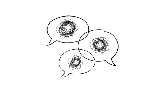Hand-drawn overlapping speech bubbles with messy scribble tangles on transparent background. Concept representing confusing conversations, social anxiety, mental clutter, communication barriers
