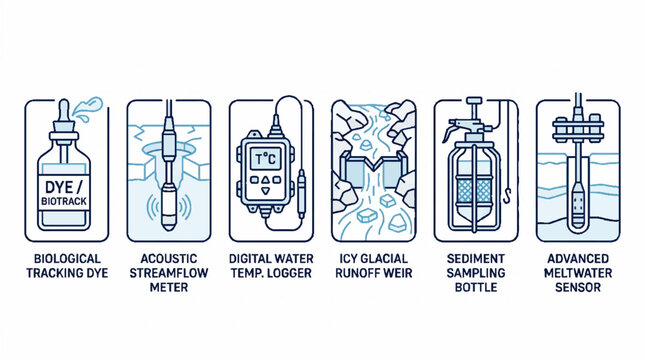 Scientific water monitoring and glacial research equipment line icons set.