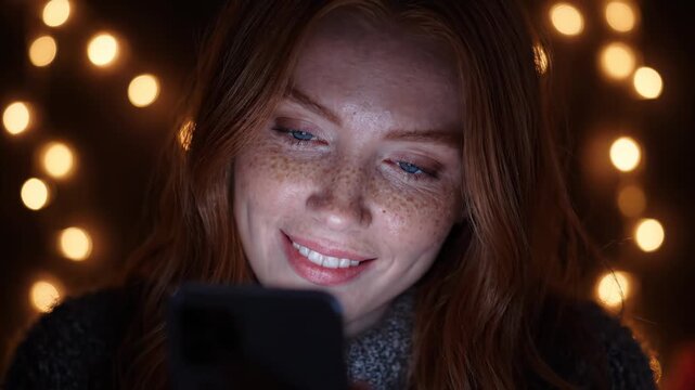 A young Caucasian redhead woman with freckles gazes at her smartphone, face glowing in soft light against warm bokeh lights, conveying connection and digital engagement at night.