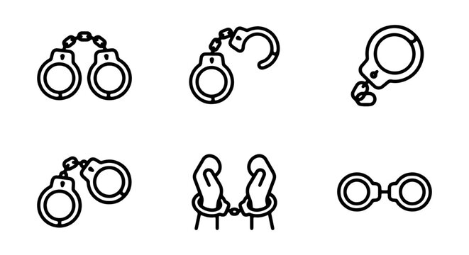Handcuff Icons Set, Police Arrest Symbol Vector Collection, Law Enforcement Restraint Graphics
