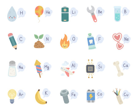 Chemical set featuring water, banana, pencil, battery, airplane, firework, microchip, fire, toothpaste, balloon, heart, wrench, test tube, fertilizer, bulb, bone