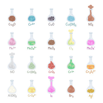Test tube set featuring cuprite, tenorite, pyrolusite, manganate, permanganate, dichromate, chromate, iodide, halogen, hydroxide, dioxide, trioxide, cation, anion, laboratory chemistry