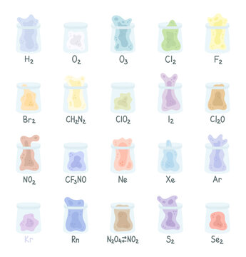 Chemistry gas molecule formula set featuring hydrogen oxygen ozone chlorine fluorine bromine diazomethane iodine neon xenon argon krypton radon sulfur