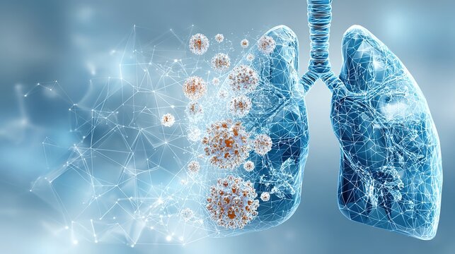 3D medical anatomical illustration of pulmonary emphysema showing destroyed lung alveoli, contrast between healthy and damaged human lung tissue, COPD respiratory disorder graphic for pulmonology 