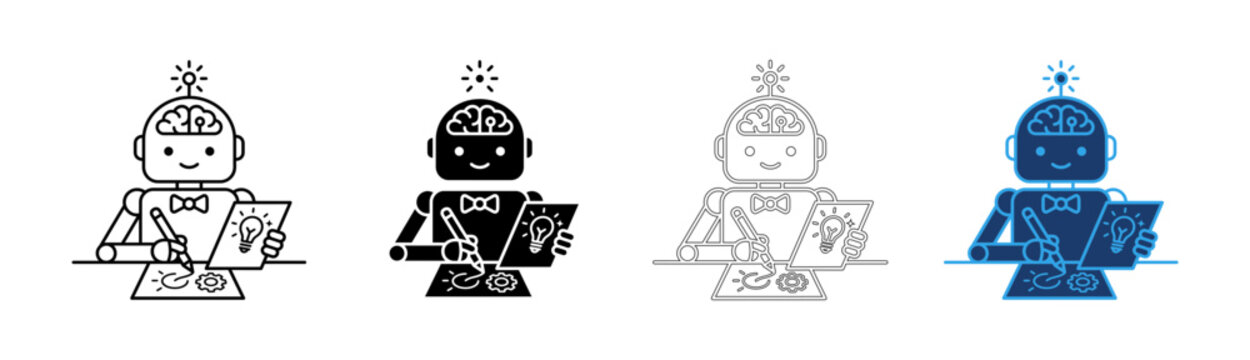 Set of cute robot characters writing on paper with pencils in different artistic line styles isolated on transparent background