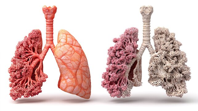 3D medical anatomical illustration of pulmonary emphysema showing destroyed lung alveoli, contrast between healthy and damaged human lung tissue, COPD respiratory disorder graphic for pulmonology 