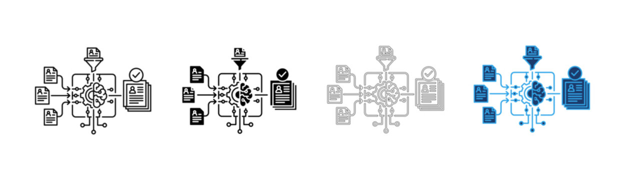 Artificial intelligence data processing icon set showing neural network machine learning flow isolated on transparent background