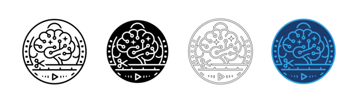 Set of four circular brain icons representing human mental health and creative thinking process isolated on transparent background