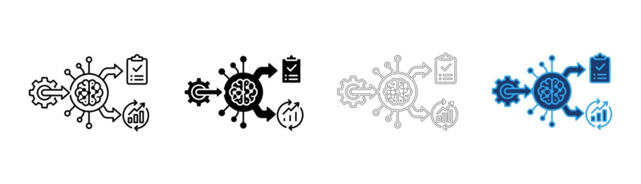 Artificial intelligence data processing icon set showing machine learning and task automation isolated on transparent background
