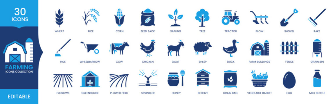 Farming Agriculture Icons Set, Farm Equipment Livestock Crop Editable Vector Collection, Agricultural Flat Icons Pack
