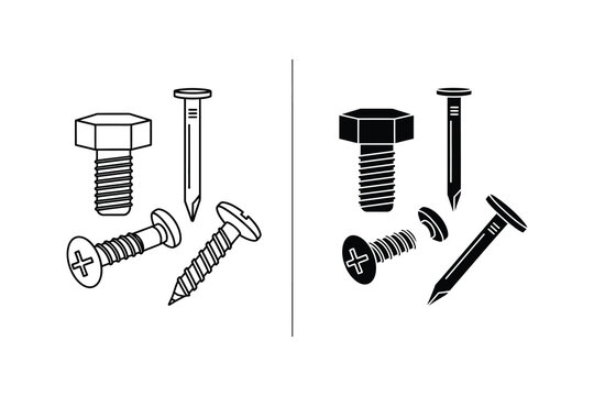 Hardware fasteners vector illustration, flat and line art styles