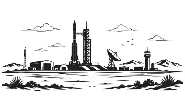 space coast skyline, skyline silhouette, coastal skyline, space coast, rocket launch, aerospace heritage, silhouette vector, black silhouette, isolated on white, ocean coastline, launch facility, amer