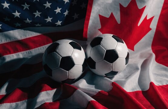 Two Soccer Balls Resting on United States and Canada Flags Representing North American Football Rivalry and Sports Competition