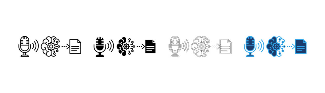 Set of voice to text icons showing microphone processing speech into documents using artificial intelligence isolated on transparent background