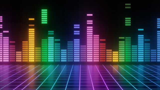 Glowing multicolored audio equalizer bars with a reflective grid floor, digital sound visualization against a dark black background