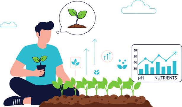 Man analyzing plant growth with graph and nutrients in garden