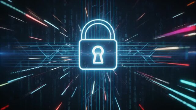 Digital cybersecurity padlock icon representing secure data protection within a high speed fiber optic network stream background