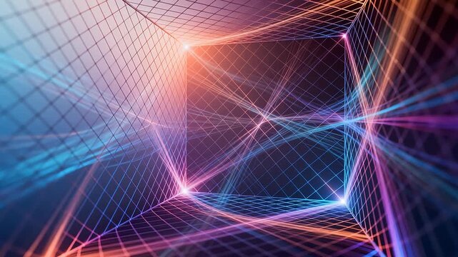 Abstract colorful cube structure with digital grid lines and deep perspective