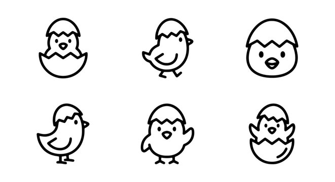 Cute Chick Icons, Easter Baby Birds, Simple Outline Vector Graphics for Spring Celebration