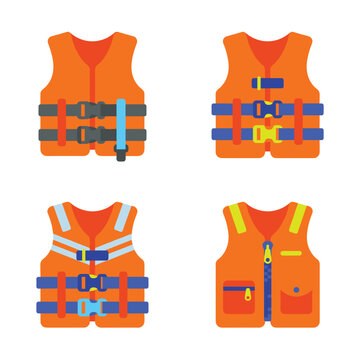 Set Of Four Orange Safety Life Jackets With Straps And Buckles Isolated On A White Background
