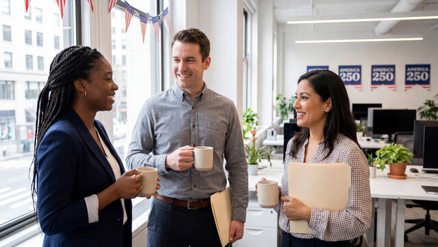 Independence Day anniversary office celebration diverse business team discussing documents coffee break patriotic workplace professionals collaborating corporate teamwork multicultural festive