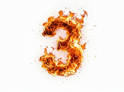 Flaming Number 3 Isolated on Clean White Background