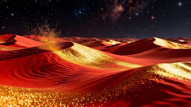 Red sand desert dunes with glowing golden particles under starry night sky