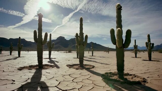 Exploring a desert landscape with tall cacti and a bright sky during the afternoon