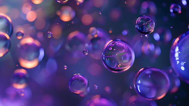 3D glowing purple water bubbles macro abstract background for hydrating skincare cosmetics packaging and summer cooling commercial templates
