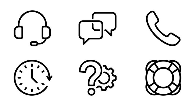 Customer Support Icons Set: Headset, Chat, Phone, Clock, Question, Lifesaver