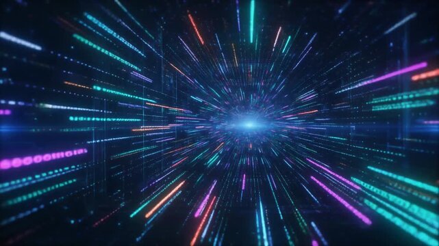 Futuristic digital data stream tunnel with neon light streaks in cyber space
