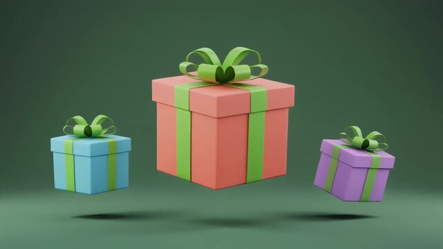 Three colorful 3D rendered gift boxes with green ribbons floating against a dark green background for holiday celebration and surprise concept
