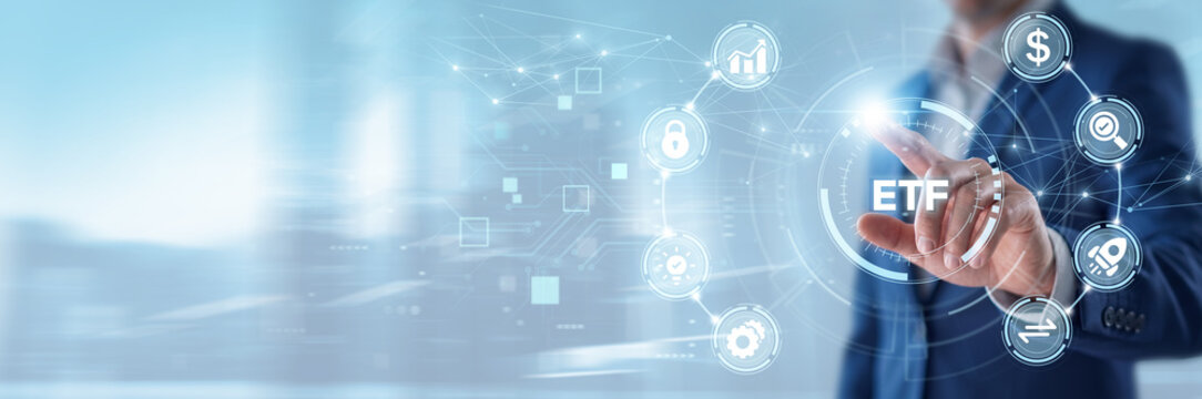 ETF, Businessman touching ETF investment analytics and networking data, stock market portfolio management, financial trading systems, digital wealth and asset strategy