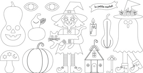 Fototapeta premium Cute witch holding a cat surrounded by various spooky Halloween elements for coloring fun