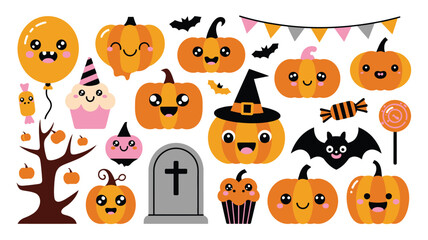 Fototapeta premium Cute Halloween characters collection with adorable pumpkins, ghosts, and candies for festive holiday celebrations