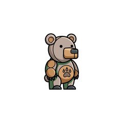 Cute Robotic Bear Cub Character Standing Upright In Green Overalls, Holding A Tiny Camera And Displaying A Paw‑Print Belly Emblem, Playful Tech‑Toy Illustration Vector Illustration © Dita