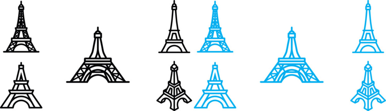 Collection of famous architectural landmarks and city skylines in a flat design style. Eiffel tower travel icon set paris landmark symbols