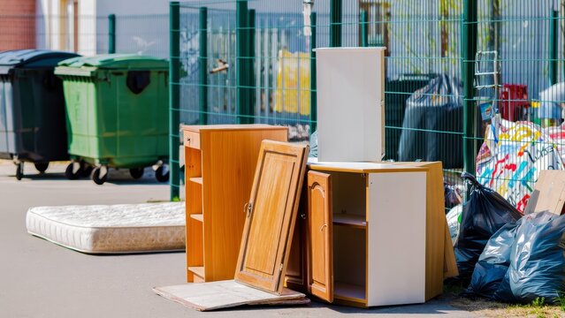 Discarded furniture, mattress sidewalk beside recycling bins, residential bulky waste collection, community sanitation pickup, cabinets mattresses awaiting pickup, junk accumulation cleanup
