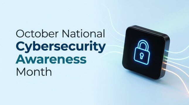 October national cybersecurity awareness month banner, glowing padlock icon on black device, digital network lines on blue background, data protection message, online safety campaign