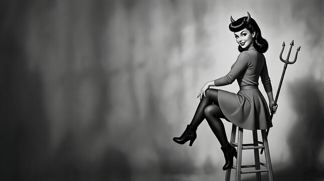 Retro pin up woman in devil costume with pitchfork on stool