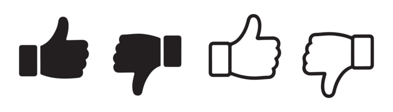 Icon set of thumbs up and down hand gestures representing like and dislike for web and user interface.