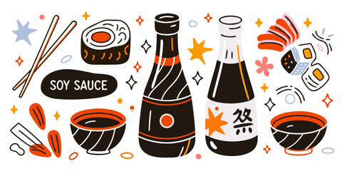 Soy Sauce Bottles And Sushi Elements Colorful Vector Illustration © Bibhas